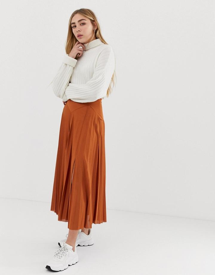 Asos Design Pleated Midi Skirt With Deep Bask And Split-brown