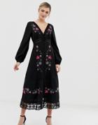 Asos Design Embroidered Maxi Dress With Lace Inserts-black