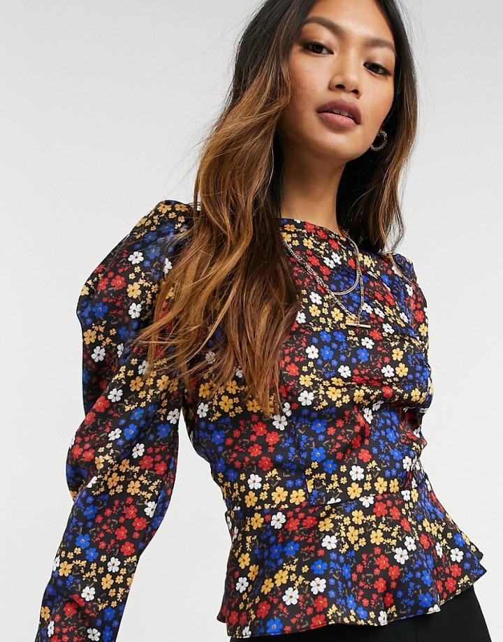 Asos Design Long Volume Sleeve Top In Bright Floral Print-multi