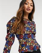 Asos Design Long Volume Sleeve Top In Bright Floral Print-multi