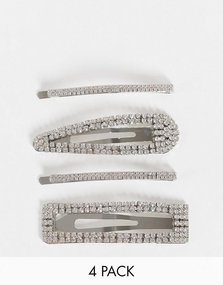 Asos Design Pack Of 4 Hairclip In Silver Crystal Design