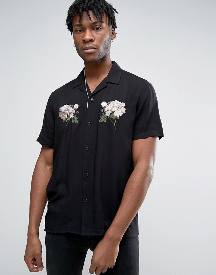 Asos Regular Fit Viscose Shirt With Rose Embroidery - Black