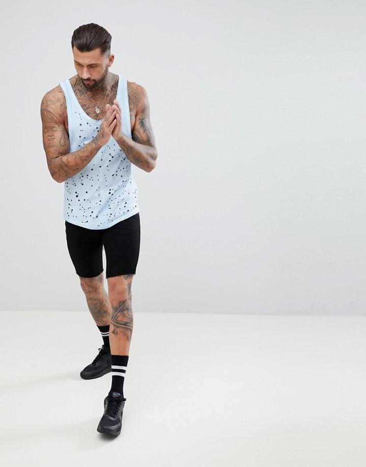 Religion Longline Tank In Blue With Curved Hem And Distressing - Blue
