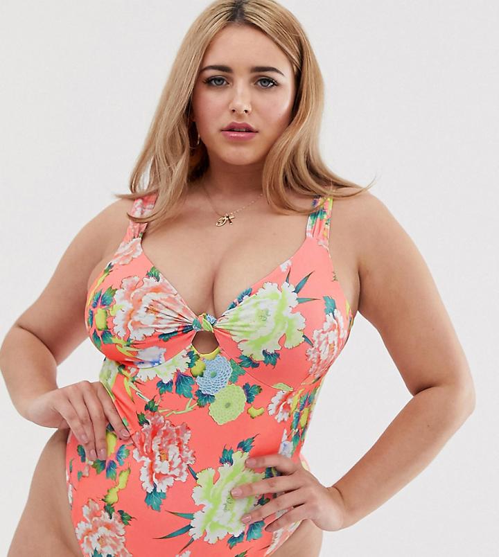 Asos Design Curve Knot Front Plunge Swimsuit In Washed Neon Floral Print-multi
