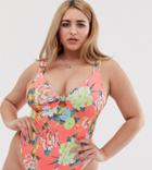 Asos Design Curve Knot Front Plunge Swimsuit In Washed Neon Floral Print-multi