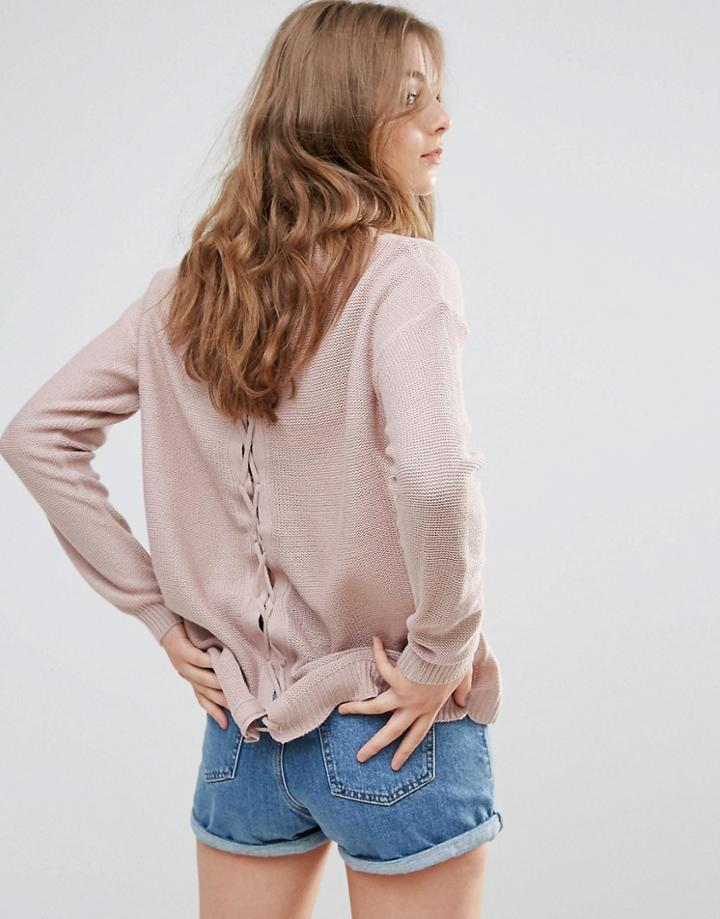 Brave Soul Back Lace Up Sweater - Pink