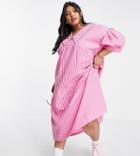 Native Youth Plus Collar Smock Dress In Neon Pink Stripe