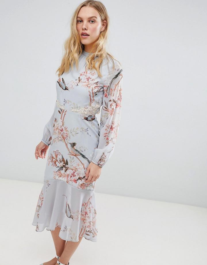 Hope & Ivy Long Sleeve Open Back Printed Midi Dress With Delicate Lace Trim - Multi