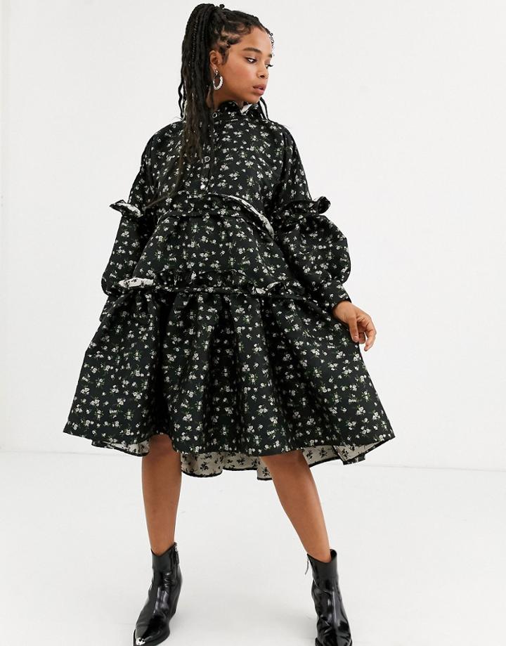 Dream Sister Jane Tiered Volume Midi Smock Dress With Button Front In Floral Jacquard-black