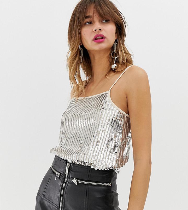 River Island Cami Top In Silver Sequin - Silver