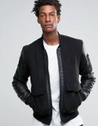 Asos Bomber Jacket With Leather Look Panels In Black - Black