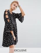 Milk It Vintage Cold Shoulder Smock Floral Dress With Tie Sleeves - Black