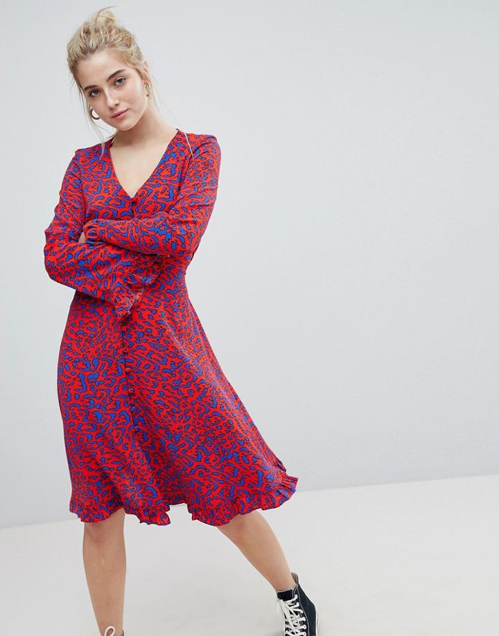 Asos Button Through Midi Swing Dress In Animal Print - Multi