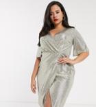 Simply Be Wrap Front Midi Dress With Angel Sleeves In Gold Shimmer