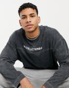 Asos Dark Future Oversized Heavyweight Long Sleeve T-shirt With Contrast Stitching And Logo Embroidery In Washed Black