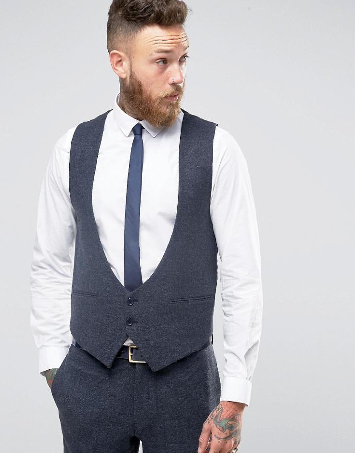 Asos Slim Vest In Navy Herringbone - Navy