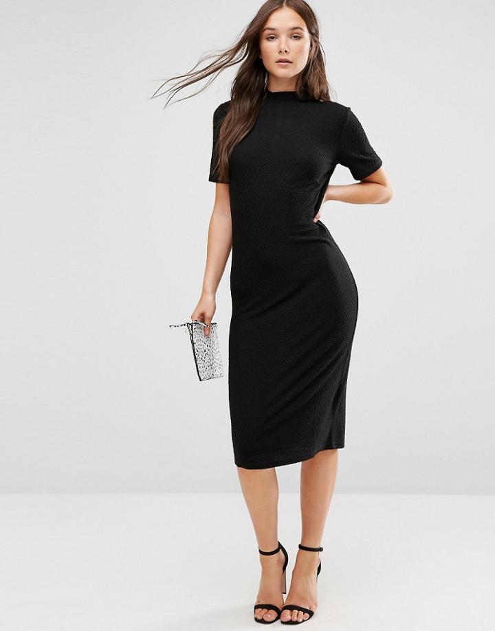 B.young Short Sleeve Knitted Bodycon Dress With Button Detail - Black