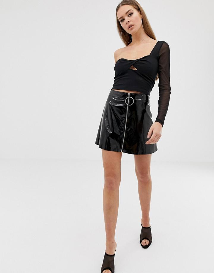 Asos Design One Shoulder Mesh Long Sleeve Top With Twist Front-black