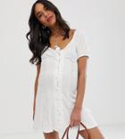 Asos Design Maternity Knot Front Button Through Sundress With Puff Sleeve - White