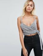 Fashion Union Wrap Crop Top In Heritage Check - Gray