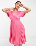 Closet London Wrap Pleated Mini Dress In Fuchsia Pink