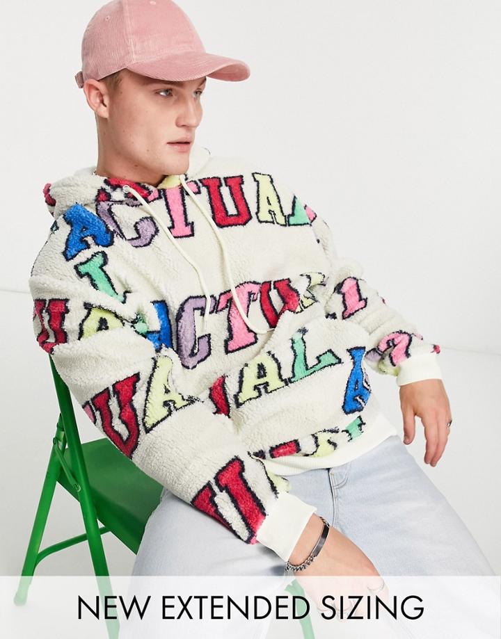 Asos Actual Oversized Hoodie In Teddy Borg With All Over Logo Print In Off White