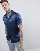 Boohooman Revere Shirt With Bird Embroidery In Navy - Navy
