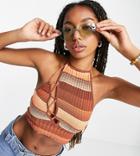 Asyou Halter Neck Tie Up Knit Top In Stripe-multi