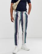 Asos Design Cigarette Pants With Pleats In Washed Stripe-white