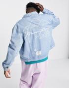 Liquor N Poker Oversized Stonewash Trucker Jacket With Distressing And Mountain Back Print - Part Of A Set-blues