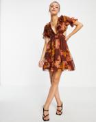 Asos Design Mini Dress In Floral And Animal Mix Print With Lace Up Back Detail-multi