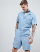 Asos Design Short Boilersuit In Lyocell Chambray - Blue