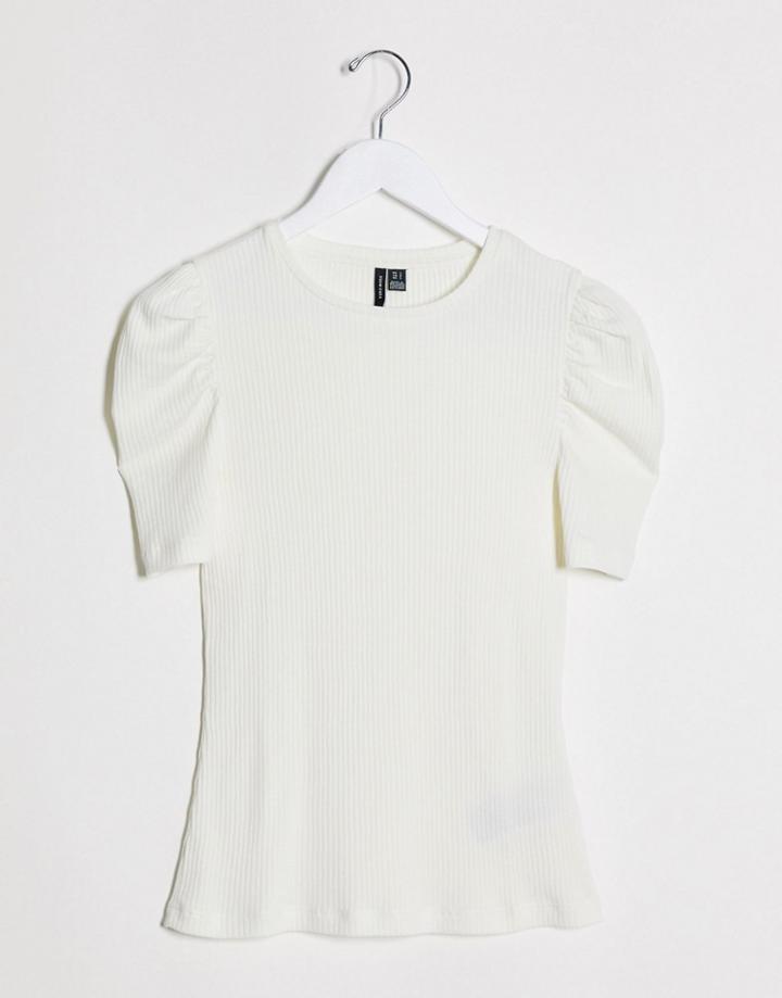Vero Moda Ribbed T-shirt With Puff Sleeves In White