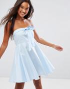 Qed London Strapless Bow Front Skater Dress - Blue