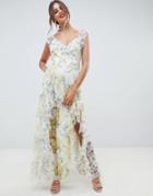 Asos Design Ruffle Maxi Dress In Floral Dobby Mesh With Lace-multi
