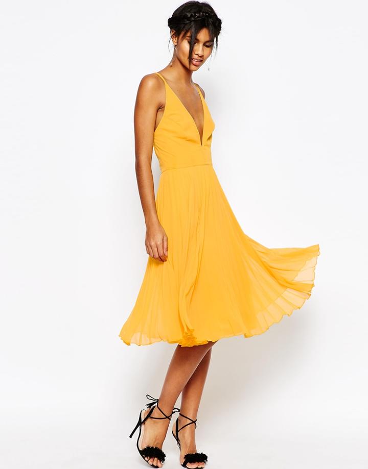 Asos Deep Plunge Pleated Cami Midi Dress - Orange