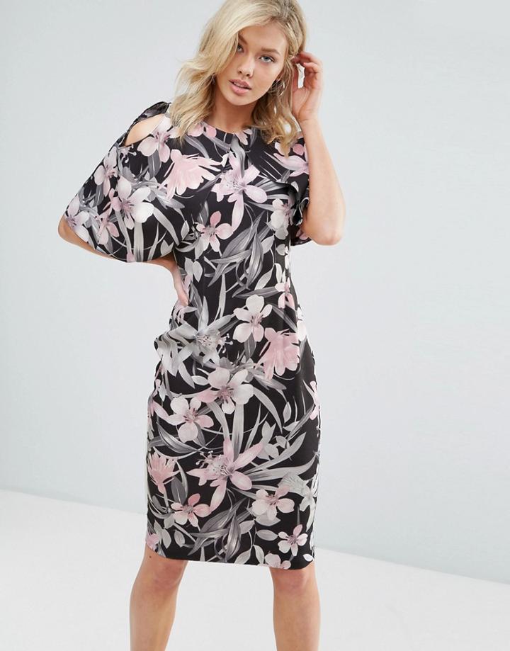 Vesper Cold Shoulder Tropical Floral Print Midi Dress - Multi
