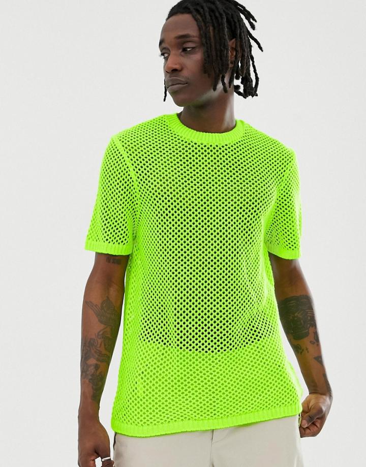 Asos Design Knitted Mesh T-shirt In Neon Yellow-green