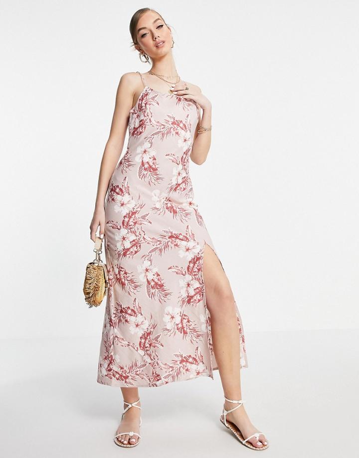 Asos Design Linen Cami Maxi Dress In Pink Tropical Print-multi