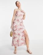 Asos Design Linen Cami Maxi Dress In Pink Tropical Print-multi