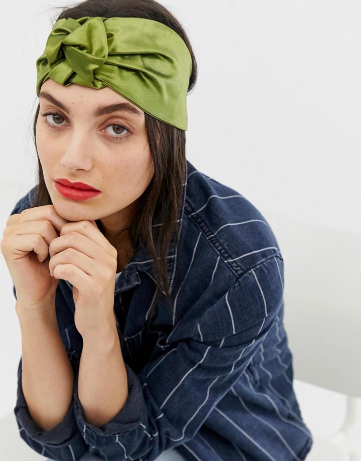 Asos Design Headband In Satin With Stitched Knot Detail In Green - Green