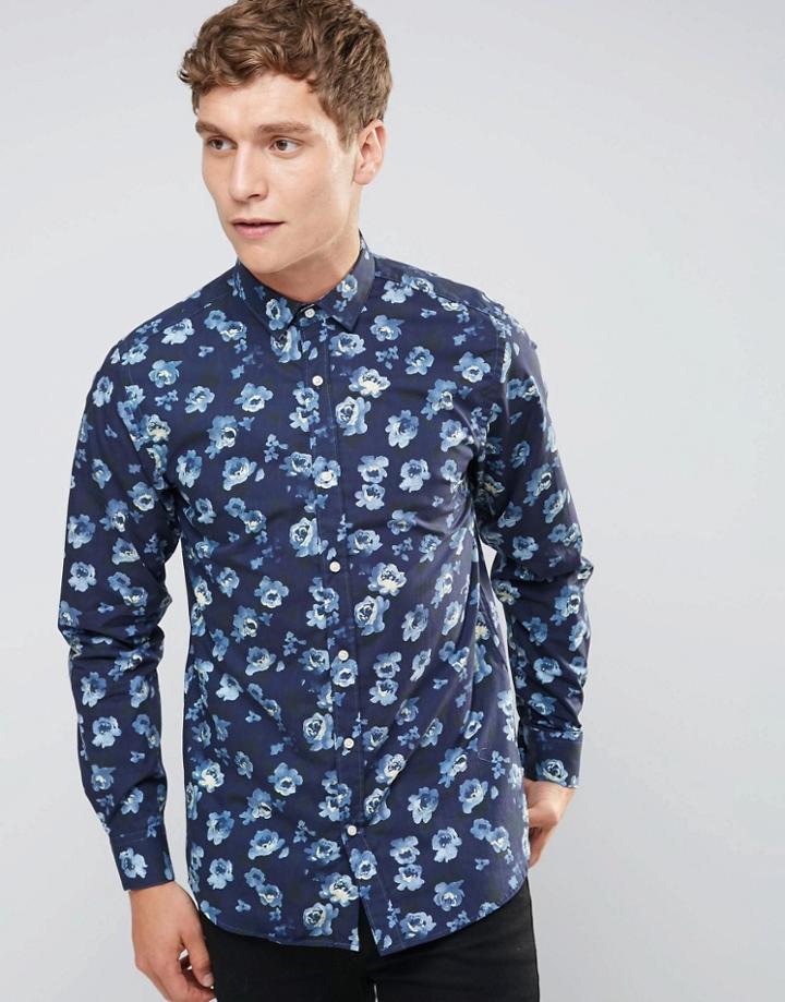 Selected Homme Smart Skinny Shirt In Navy Floral - Blue