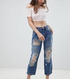 River Island Distressed Embellished Straight Leg Jeans - Blue