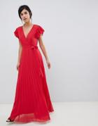 Asos Design Pleated Maxi Dress With Flutter Sleeve-red