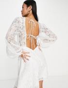 Love Triangle Long Sleeve Mini Dress With Open Back In White Lace
