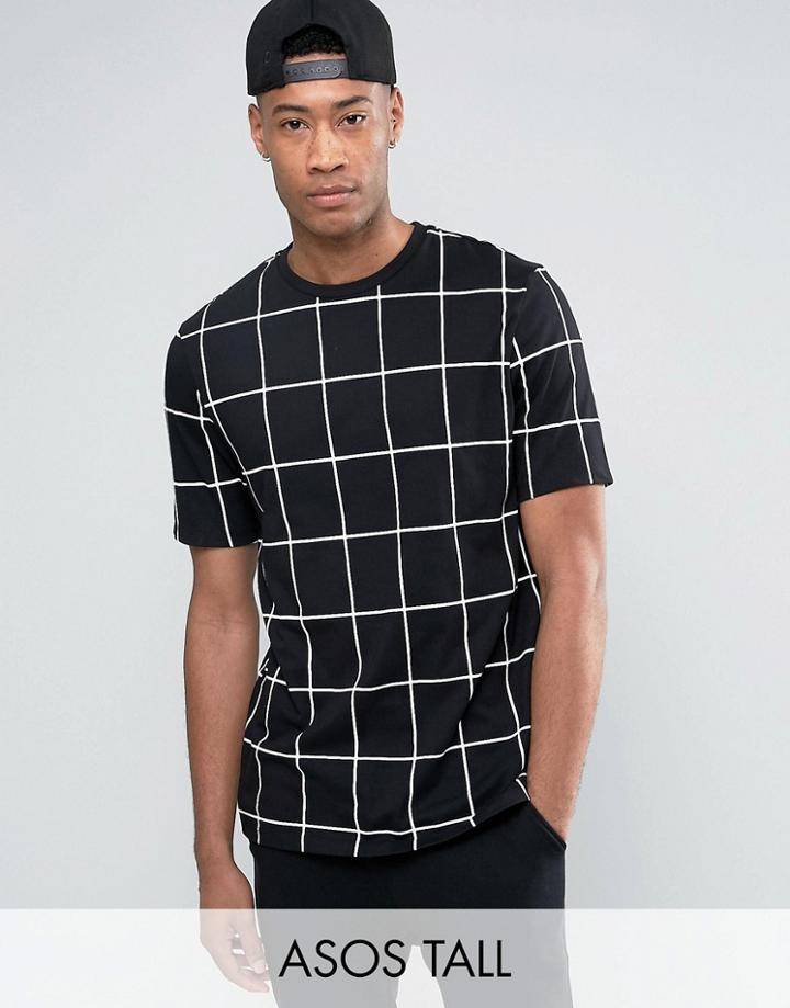 Asos Tall Longline T-shirt With All Over Grid Check Print In Skater Fit - Black