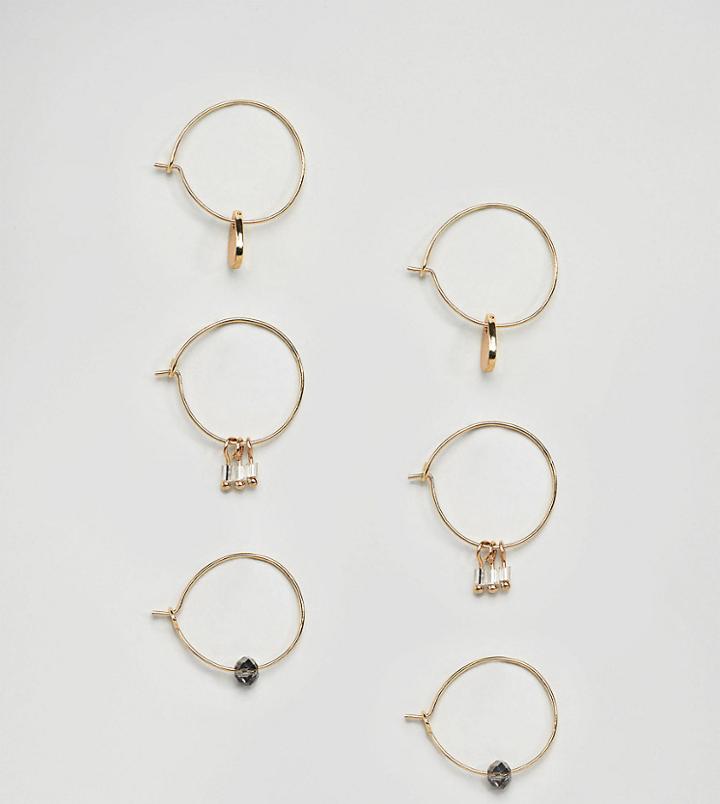 Asos Design Pack Of 3 Faceted Stone And Teardrop Disc Hoop Earrings - Gold