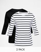 Asos Stripe & Plain 3/4 Sleeve T-shirt 2 Pack Save 17%