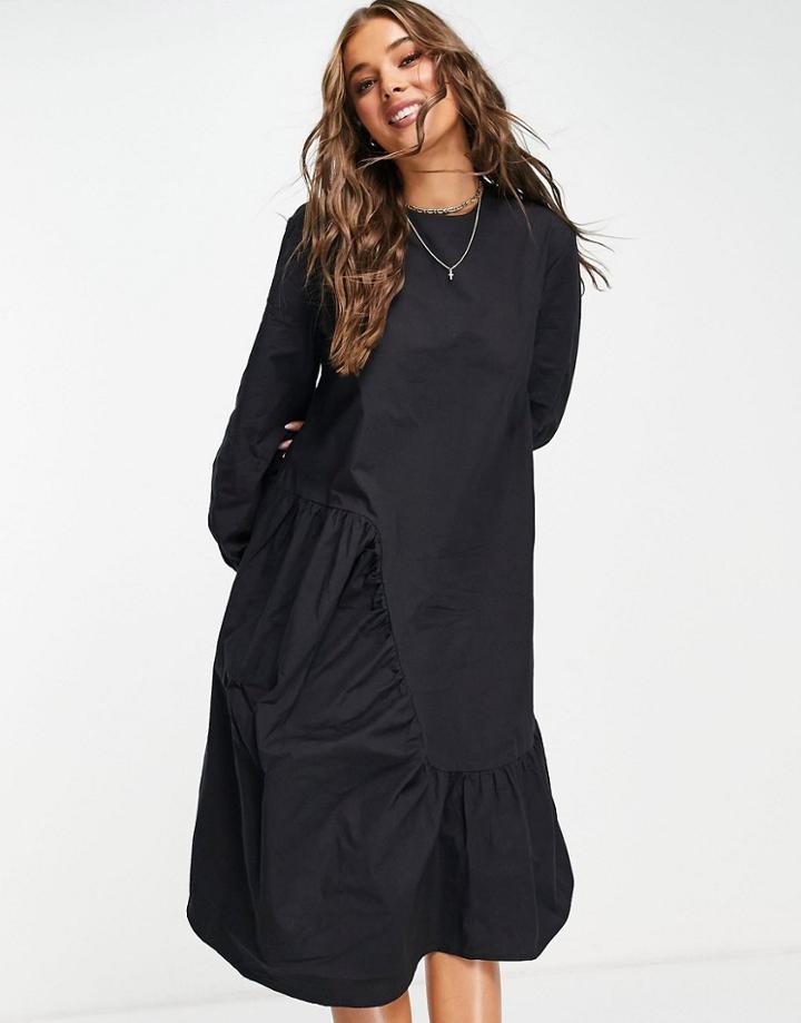 Lola May Asymmetric Seam Detail Smock Dress In Black