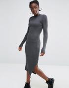 Monki High Neck Knitted Rib Dress - Gray